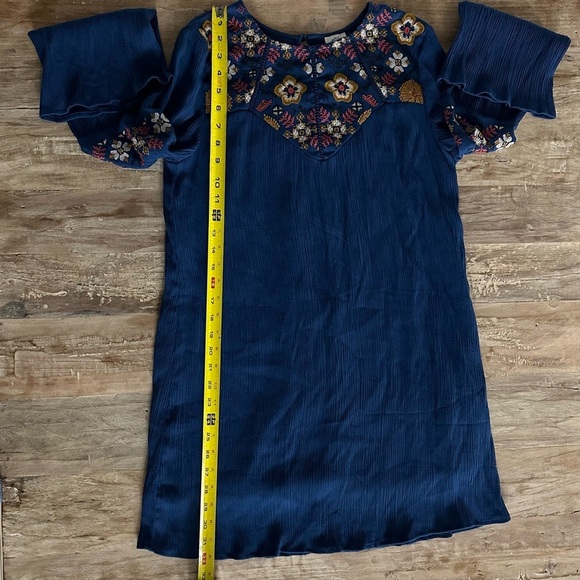 Blue Rain Crinkly Rayon Blend Dress Long Sleeves Embroidered Blue SZ Small Boho - Picture 8 of 9